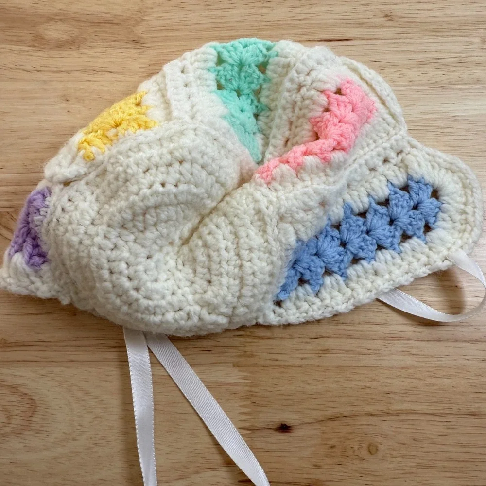 Cardigan Baby Girl Multicolor Crochet‎ Tie Waist Cozy  Sweater & Cap Bonnet VTG